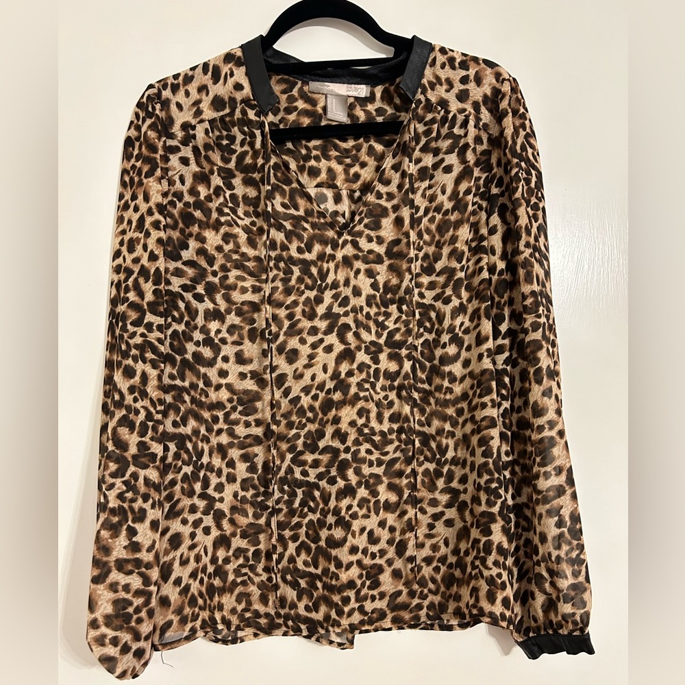 Forever 21 Leopard Print Long Sleeve Blouse with Faux Leather Accents